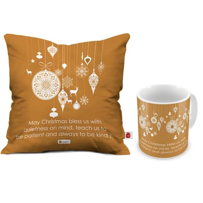 Indigifts Christmas Cushion Covers May Christmas Bless Us Printed Brown Cushion Cover 12x12 Inch with Filler & Coffee Mug - Christmas Cushion, Christmas Decorations for House