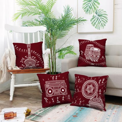 Indigifts Small Satin Music Lover Warli Art Digitally Printed Square Pillow Cushion Covers with Filler for Decoration, Home - 12 X 12 Inch - Set of 4