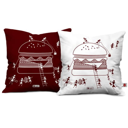 Indigifts Cushion Cover 16 Inch X 16 Inch Food Lovers Themed Ethnic Designer Printed Square Pillow Set of 2 - Diwali Decoration for Home, Warli Art Designer Print, Gift for Foodie