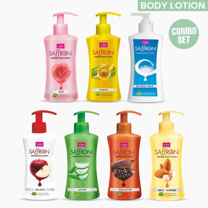 VI-JOHN Body Lotion Combo Of 7 | 250 ML Each | For Men And Women | All Skin Types | Red Apple | Aloevera | Cocoa Butter | Milk Almond | Rose | Turmeric | Body Milk 1.75 L