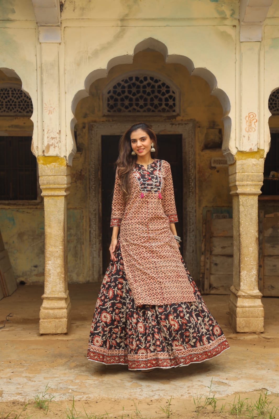 Cotton Skirt and Kurti Set (Size: 38-46) Beige Color Handblock Bagru Print-3404