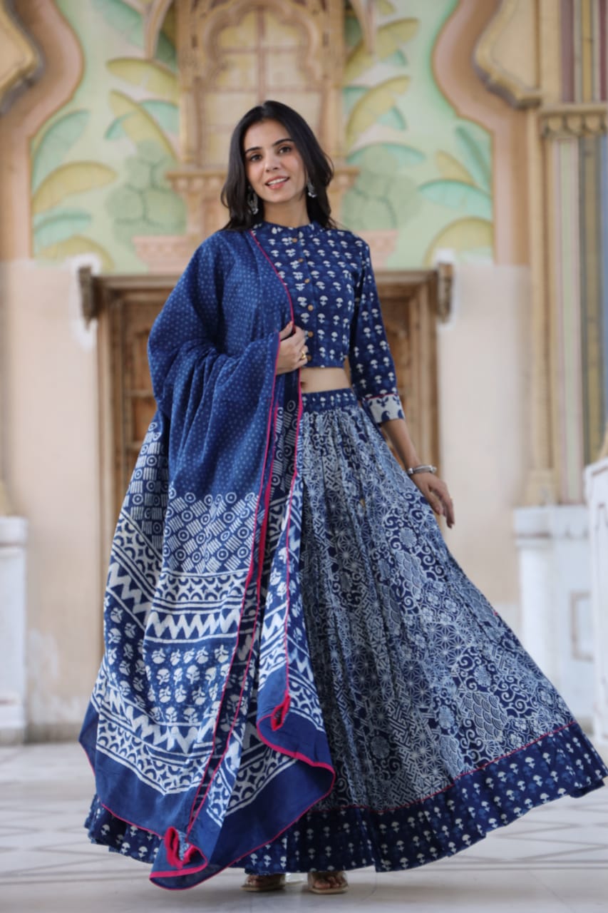 Cotton Lehanga Handblock Printed Indigo Blue Color and Top With Mulmul Dupatta (Size 34-46)-9064
