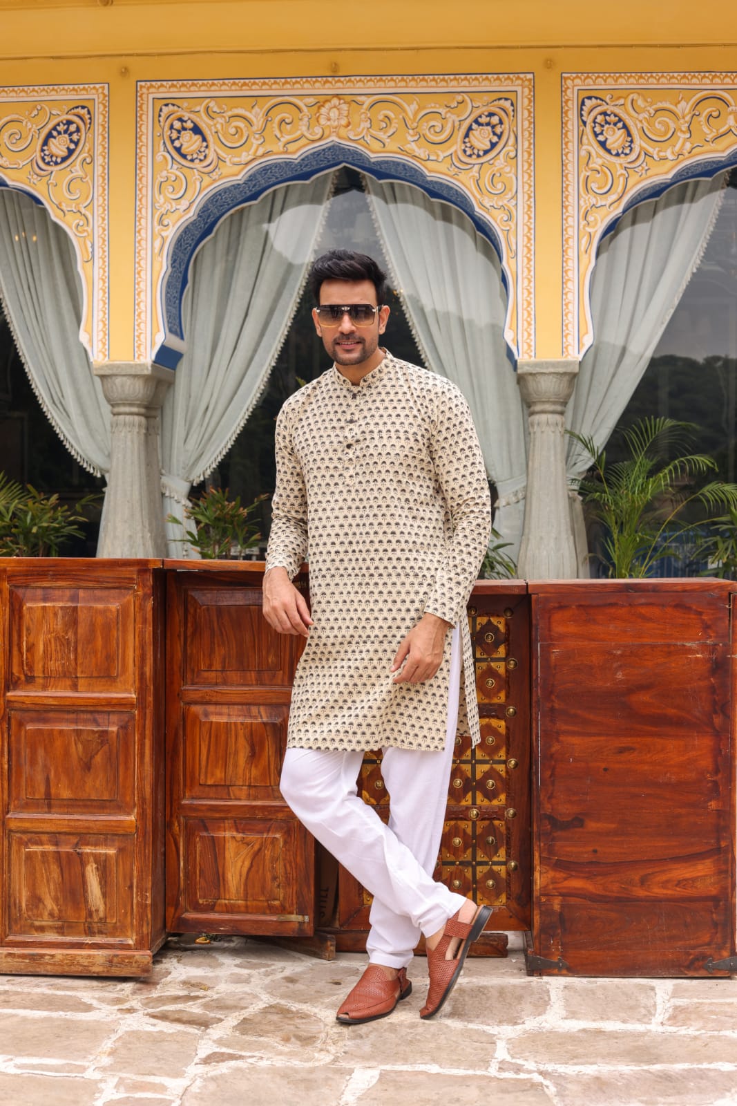 Cotton Designer Men'S Kurta Bagru Printed Hand Printed Cream Color (Size: 38-44)-2756