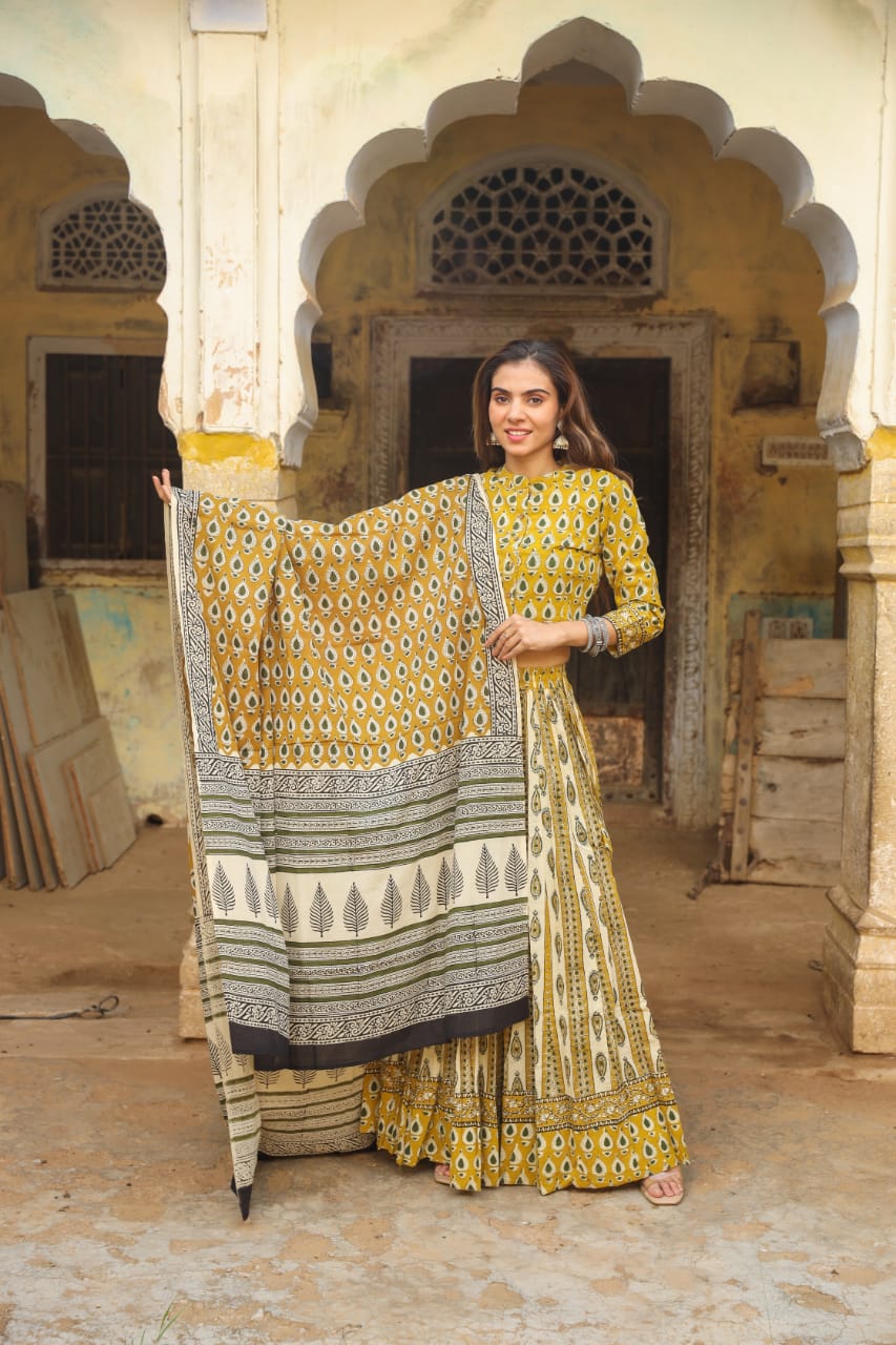Handblock Printed Cotton Lehanga And Top With Mulmul Dupatta (Size: 34-46) Yellow Color-7540
