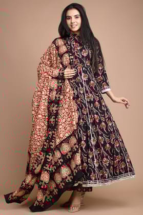 Anarkali Kurti Set Bagru Dabu HandBlock Print Melanzane Violet Color with natural dye and Mulmul Dupatta(Size: 34-48)-8415