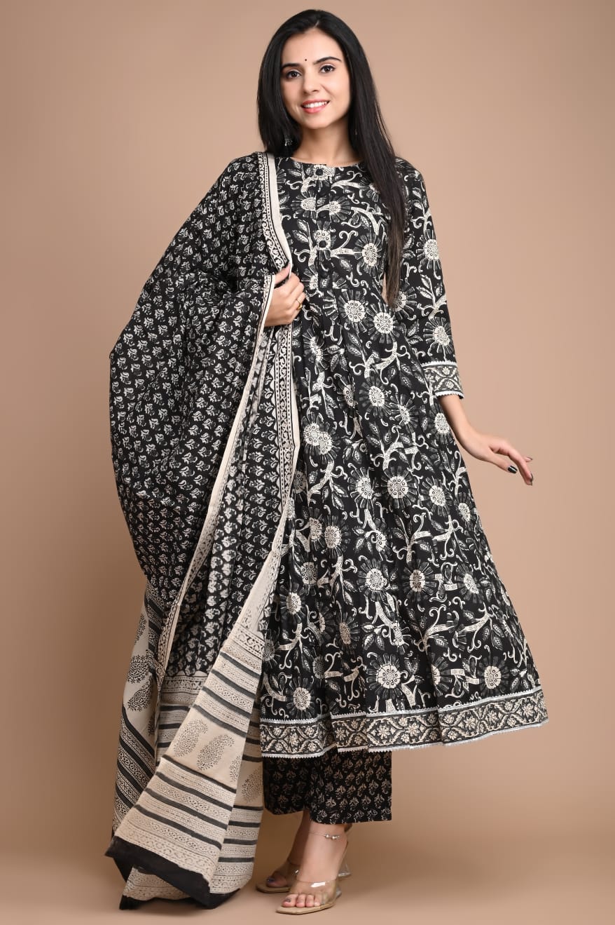 Anarkali Kurti Set Bagru Dabu HandBlock Print Diesel Grey Color with natural dye and Mulmul Dupatta(Size: 34-48)-3228