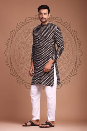 Cotton Designer Men'S Kurta Bagru Printed Hand Printed Brown Color (Size: 38-44)-7895