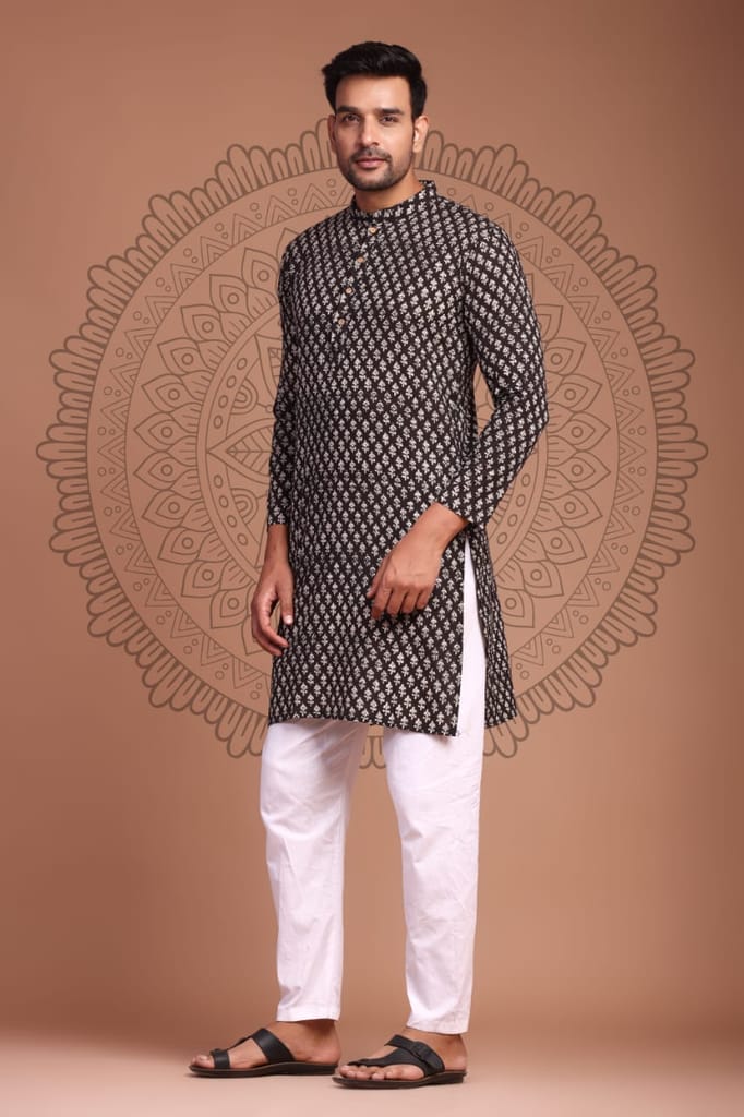 Cotton Designer Men'S Kurta Bagru Printed Hand Printed Brown Color (Size: 38-44)-7895 - Kurtas & Kurta Sets | Buy online on ZillyBuy