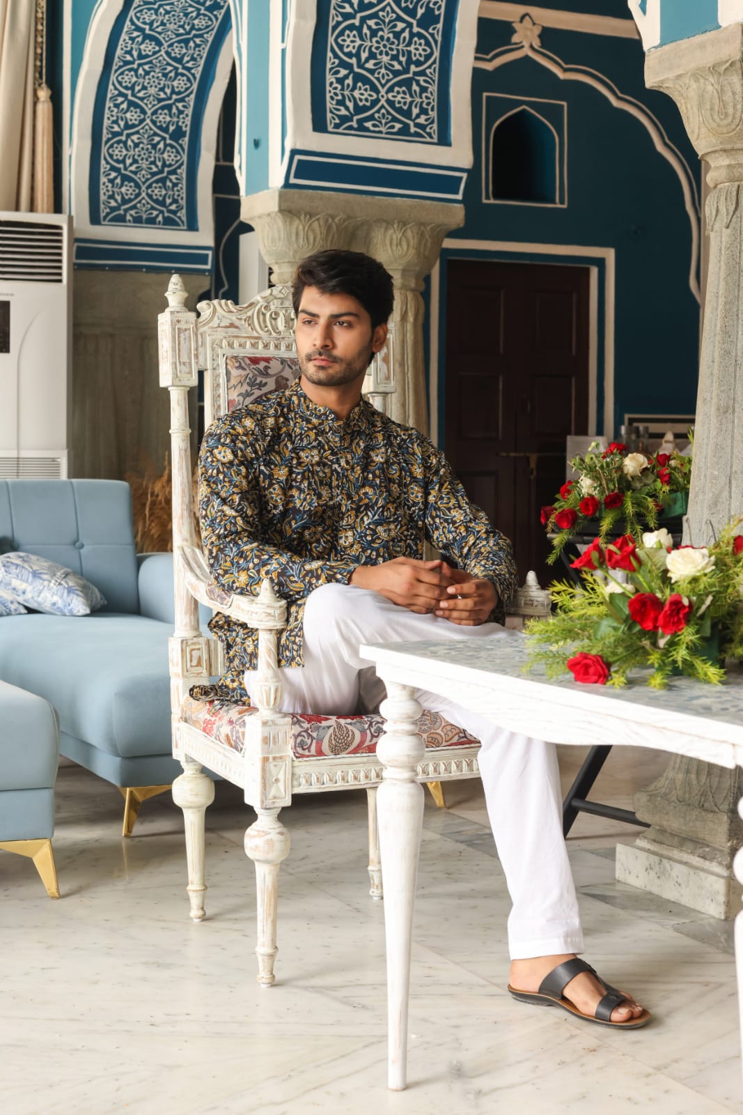 Cotton Designer Men'S Kurta Bagru Printed Hand Printed Black Color (Size: 38-44)-9087