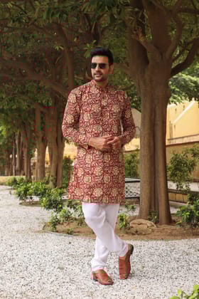 Cotton Designer Men'S Kurta Bagru Printed Hand Printed Red Color (Size: 38-44)-2273