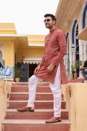 Cotton Designer Men'S Kurta Bagru Printed Hand Printed Red Color (Size: 38-44)-7304