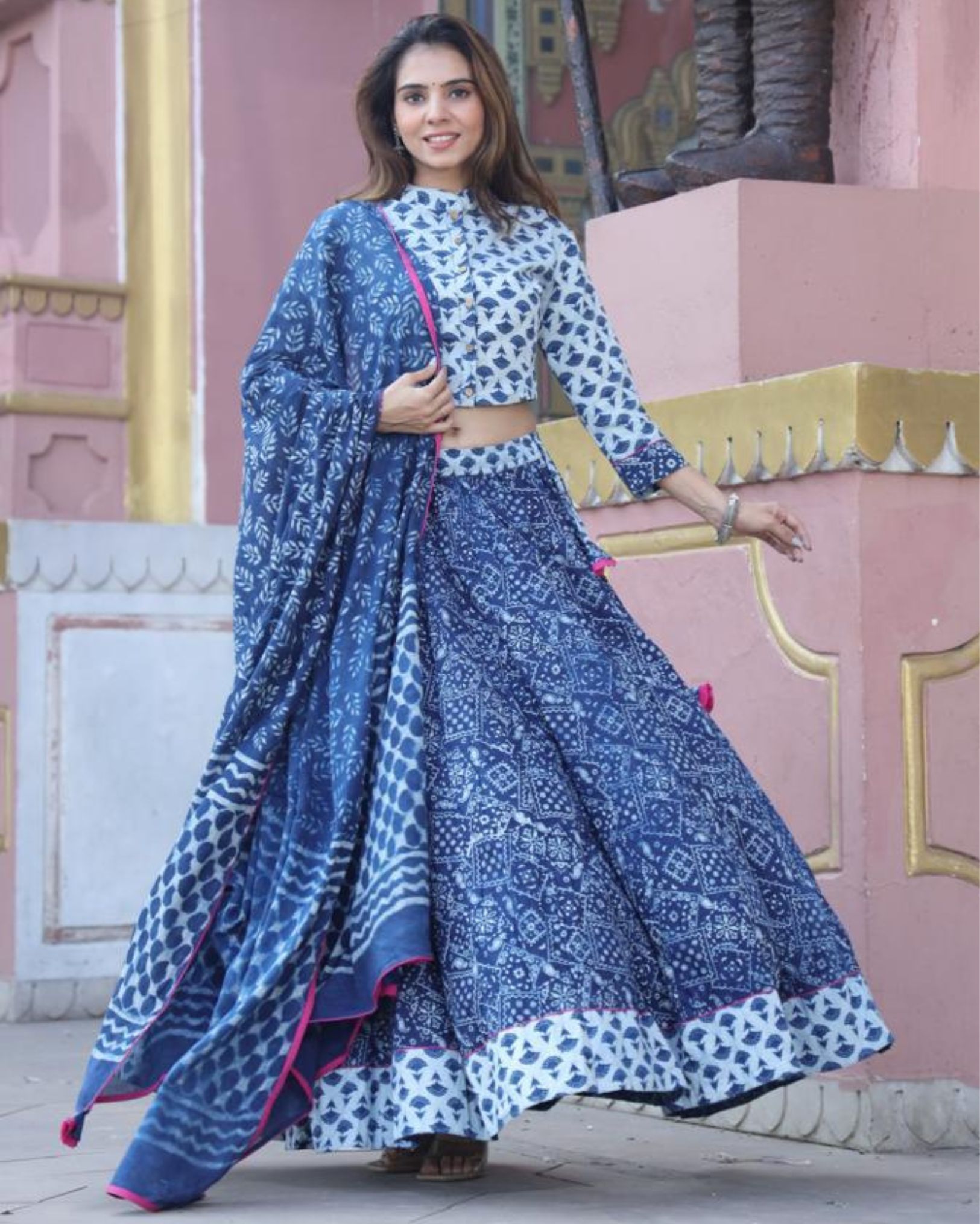 Handblock Printed Cotton Lehanga And Top With Mulmul Dupatta (Size 34-46) Blue Color-7126