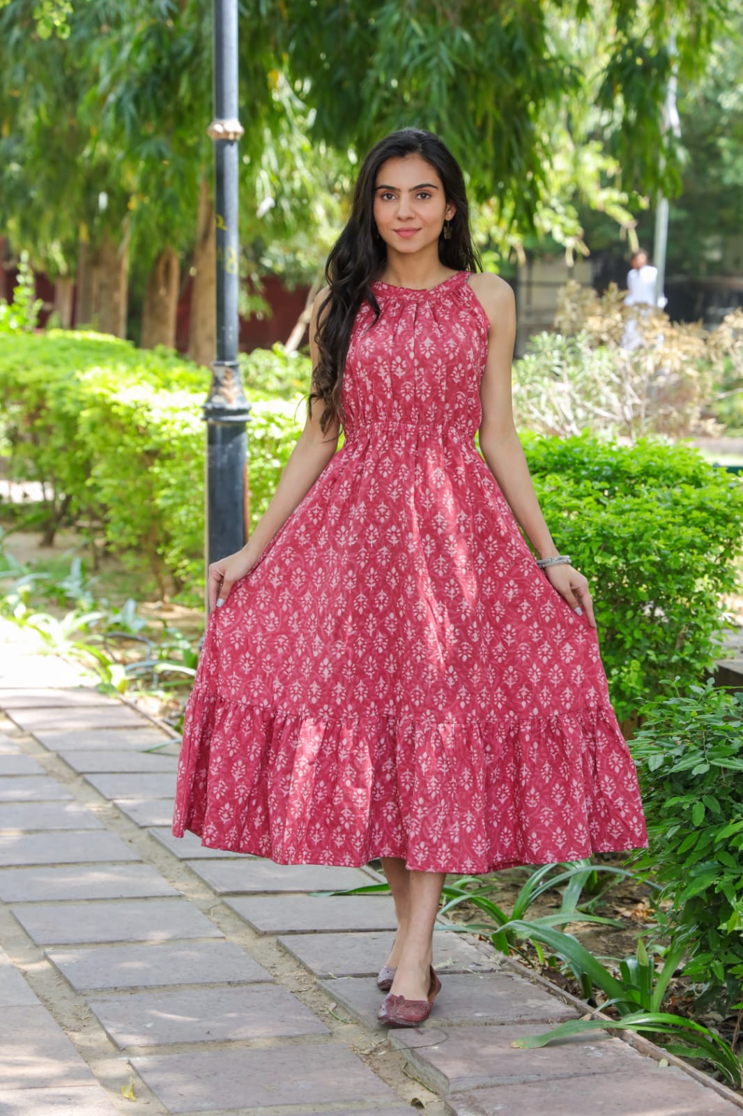 Pure Cotton Halter Neck Midi Pink Dress Hand Block Printed (Size: 38-46)-5854