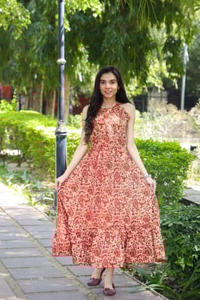 Pure Cotton Halter Neck Midi Orange Dress Hand Block Printed (Size: 38-46)-7067
