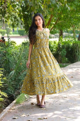 Pure Cotton Halter Neck Midi Green Dress Hand Block Printed (Size: 38-46)-6018