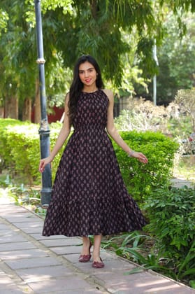Pure Cotton Halter Neck Midi Dark Brown Dress Hand Block Printed (Size: 38-46)-4690