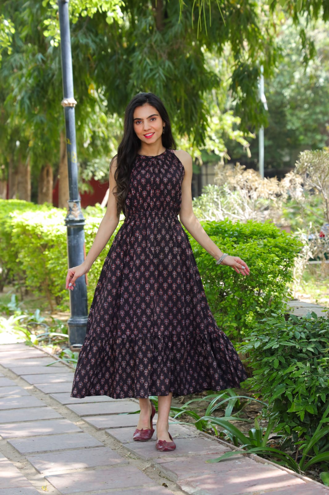 Pure Cotton Halter Neck Midi Dark Brown Dress Hand Block Printed (Size: 38-46)-4690