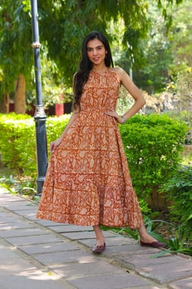 Pure Cotton Halter Neck Midi Orange Dress Hand Block Printed (Size: 38-46)-4885