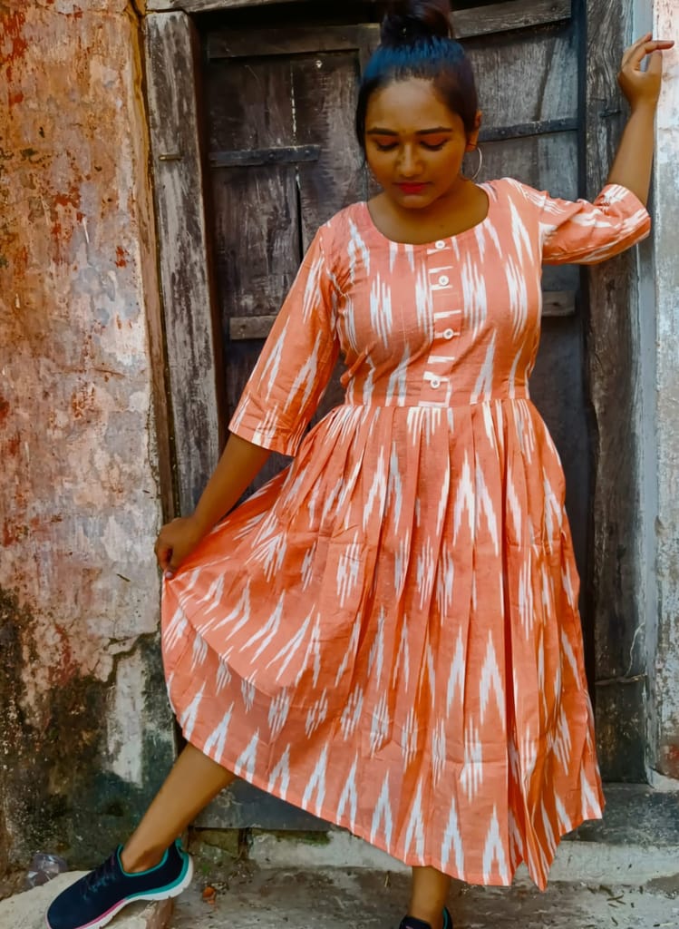 Pure Cotton Ikkat Dress Orange Colour (Size XXS(32) to Plus Size(56))-2042 - Ethnic Wear | Buy online on ZillyBuy