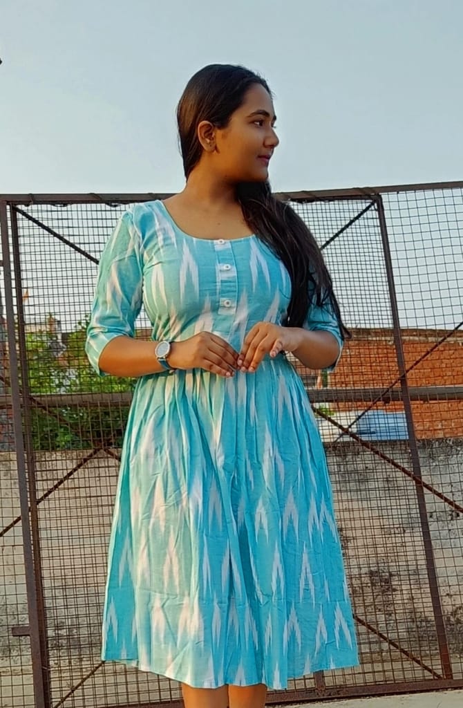 Pure Cotton Ikkat Dress Sky Blue Color (Size XXS(32) to Plus Size(56))-5086 - Ethnic Wear | Buy online on ZillyBuy