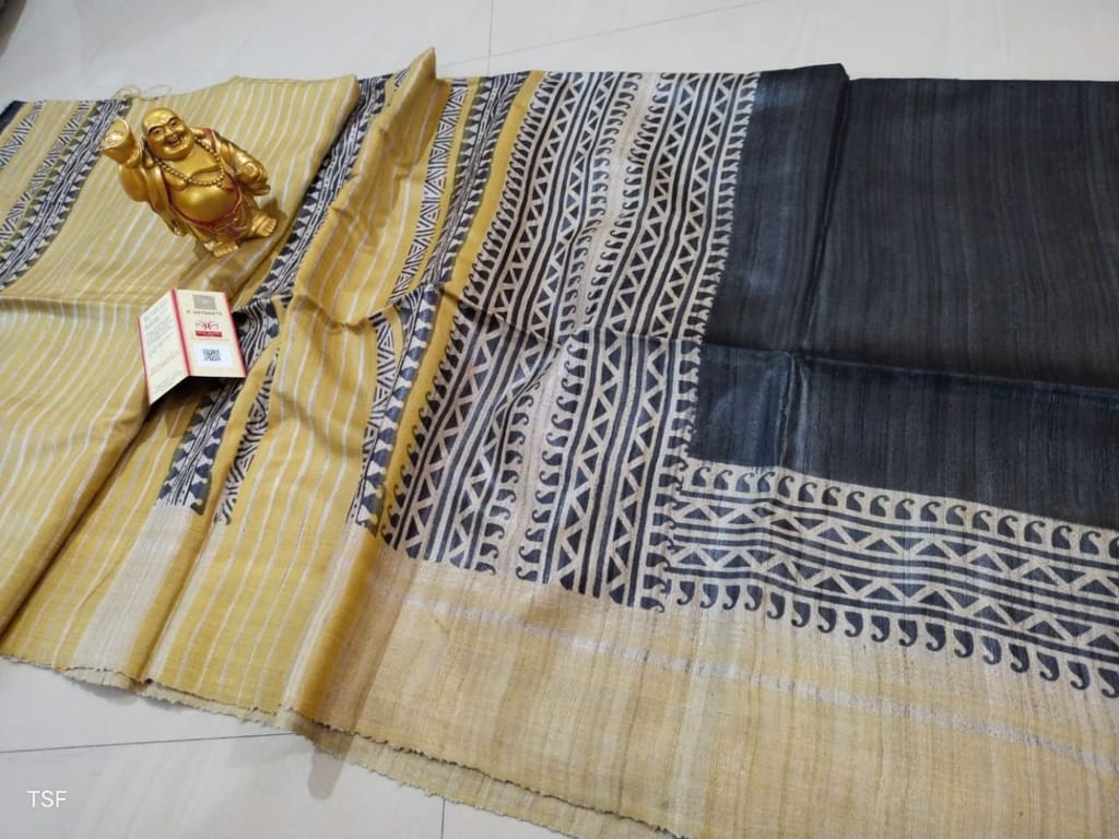 Silkmark Certified Tussar Silk Handloom Handblock Printed Black and Yellow Saree with Blouse-5556 - Sarees | Buy online on ZillyBuy