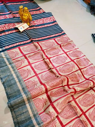 Silkmark Certified Tussar Silk Handloom Handblock Printed Red Saree with Blouse-1676