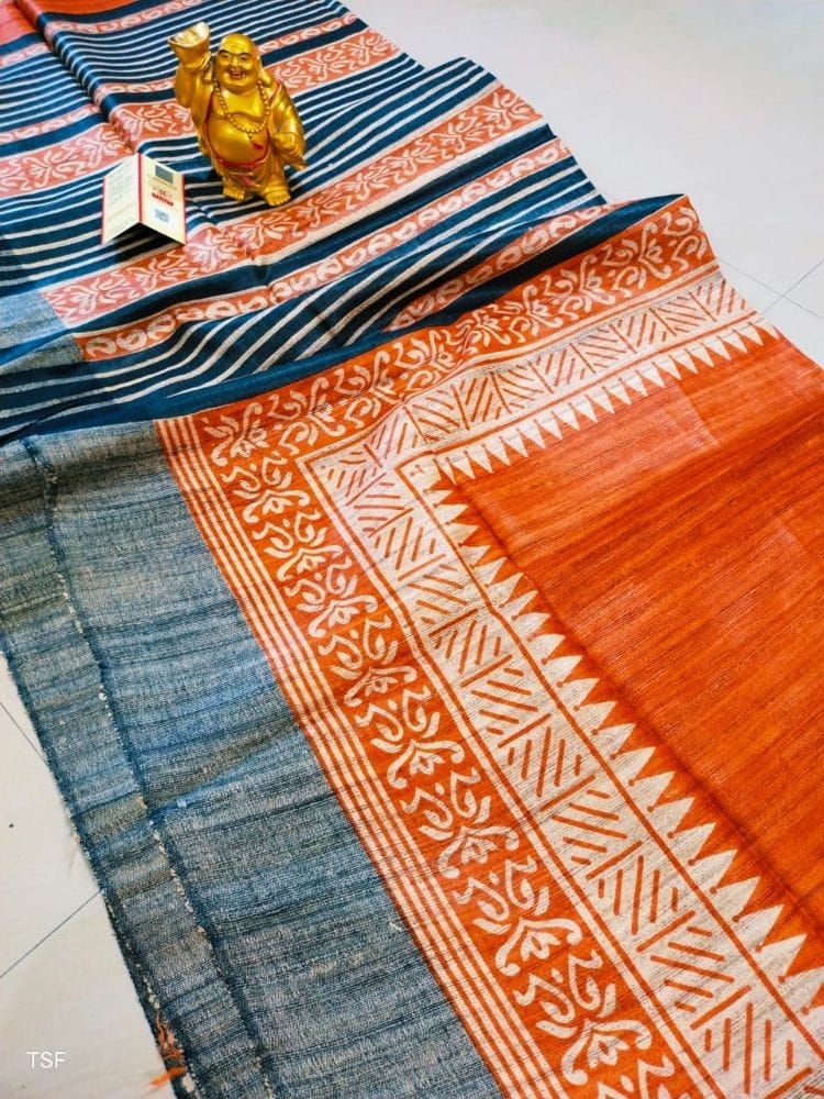 Silkmark Certified Tussar Silk Handloom Handblock Printed Orange and Blue Saree with Blouse-9253