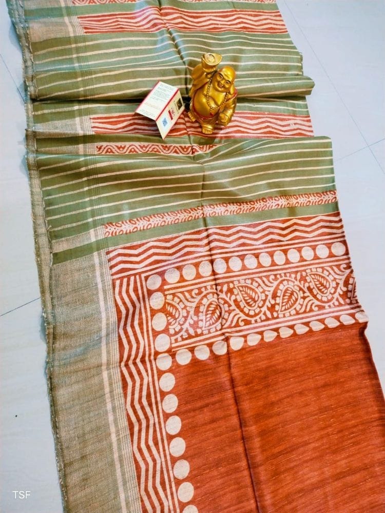 Silkmark Certified Tussar Silk Handloom Handblock Printed Orange and Green Saree with Blouse-1983