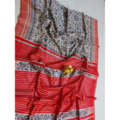 Silkmark Certified Tussar Silk Handloom Handblock Printed Red Saree with Blouse-8750