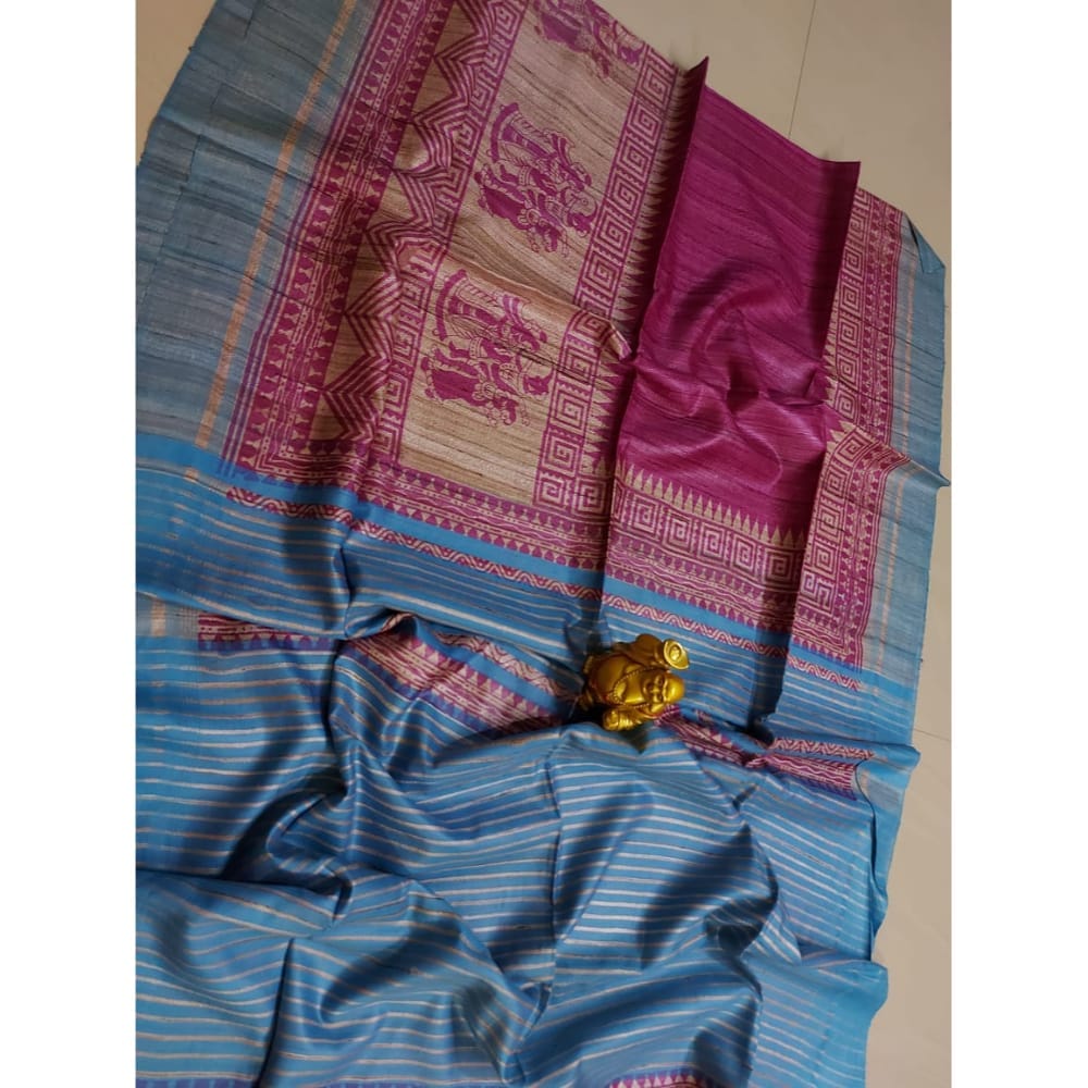 Silkmark Certified Tussar Silk Handloom Handblock Printed Blue and Pink Saree with Blouse-1146