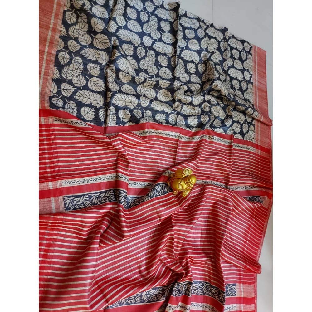 Silkmark Certified Tussar Silk Handloom Handblock Printed Red Saree with Blouse-1883 - Sarees | Buy online on ZillyBuy