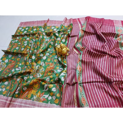 Silkmark Certified Tussar Silk Handloom Handblock Printed Green and Maroon Saree with Blouse-6453