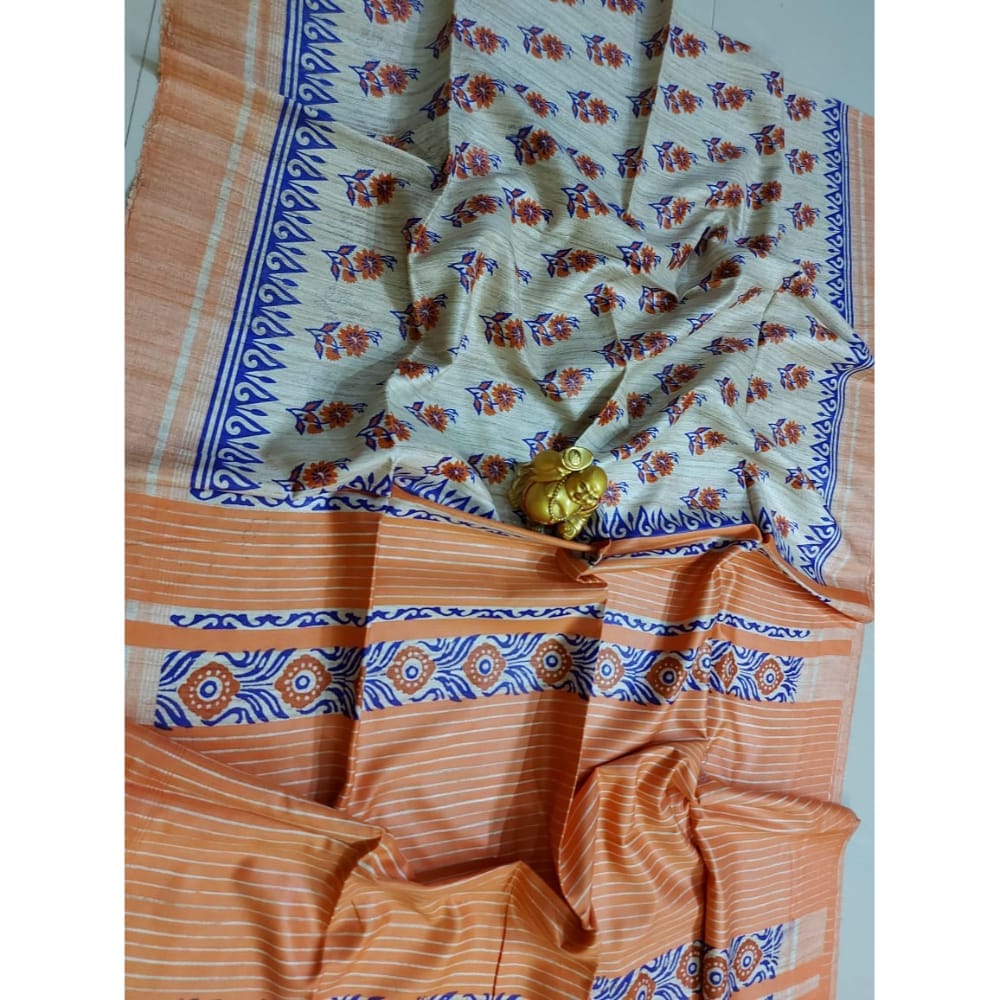 Silkmark Certified Tussar Silk Handloom Handblock Printed Blue and Orange Saree with Blouse-1521