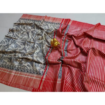 Silkmark Certified Tussar Silk Handloom Handblock Printed Red Saree with Blouse-6997