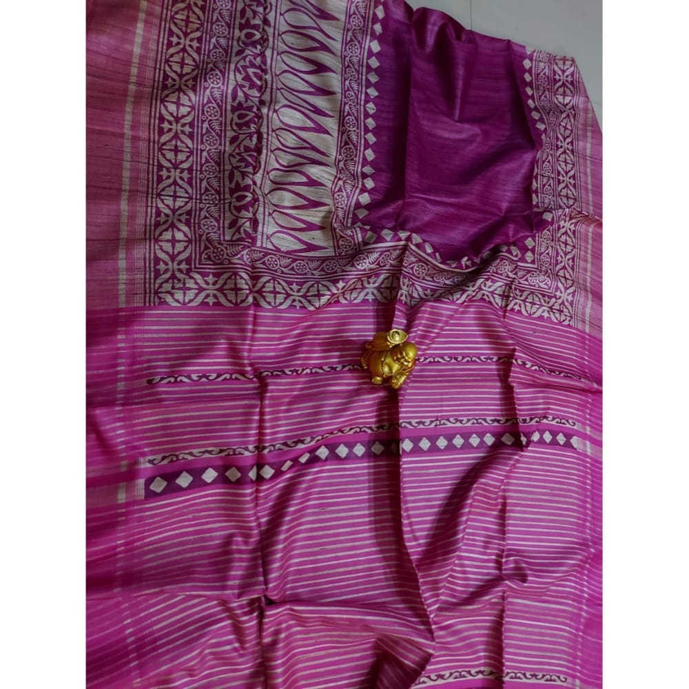 Silkmark Certified Tussar Silk Handloom Handblock Printed Pink Saree with Blouse-6308 - Sarees | Buy online on ZillyBuy