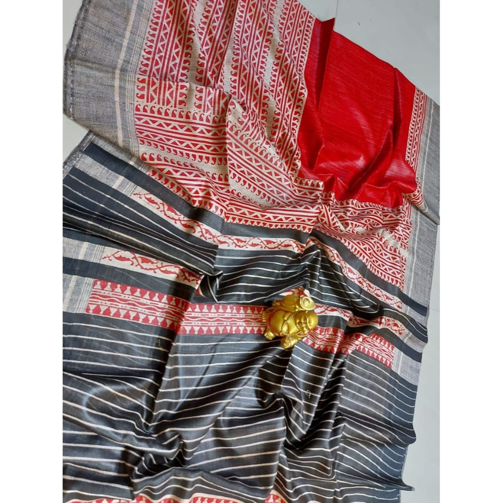 Silkmark Certified Tussar Silk Handloom Handblock Printed Red and Black Saree with Blouse-5226