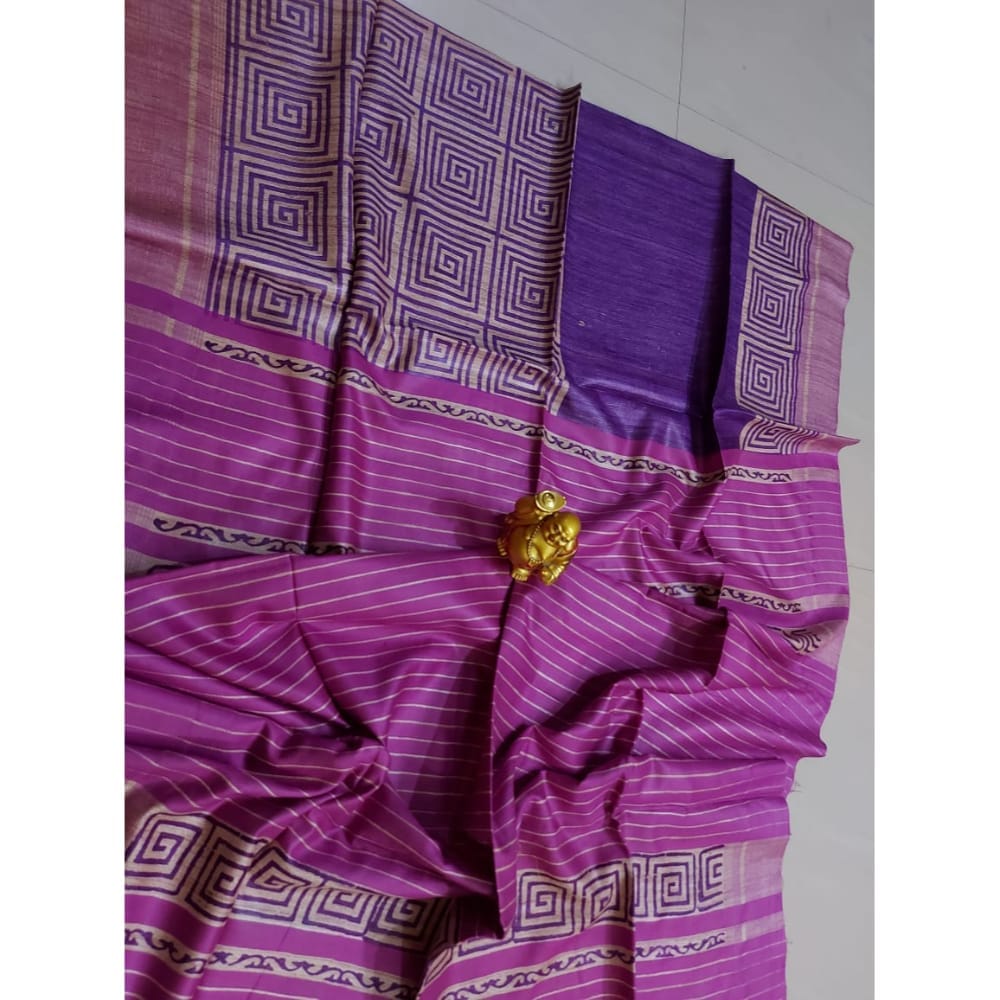 Silkmark Certified Tussar Silk Handloom Handblock Printed Purple and Pink Saree with Blouse-7336