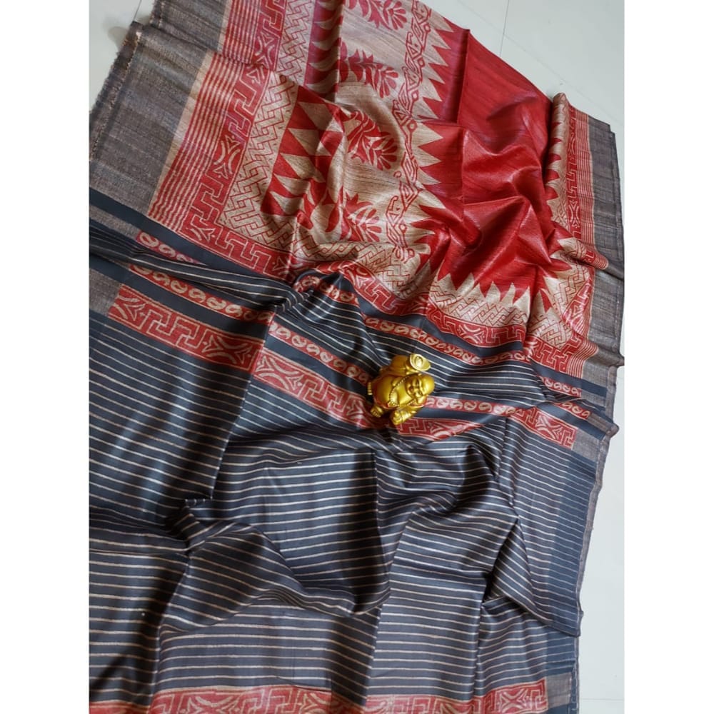 Silkmark Certified Tussar Silk Handloom Handblock Printed Red and Black Saree with Blouse-4229
