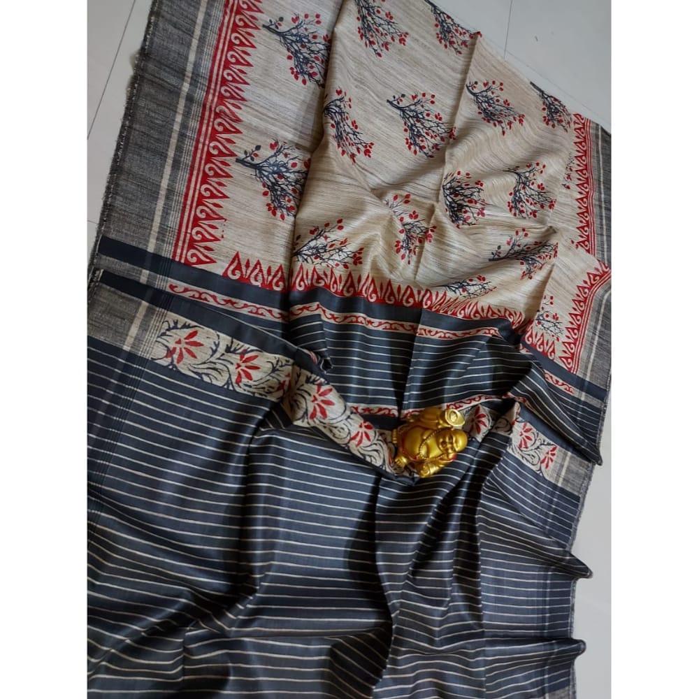 Silkmark Certified Tussar Silk Handloom Handblock Printed Black Saree with Blouse-7443 - Sarees | Buy online on ZillyBuy