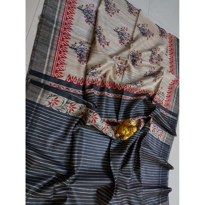 Silkmark Certified Tussar Silk Handloom Handblock Printed Black Saree with Blouse-7443
