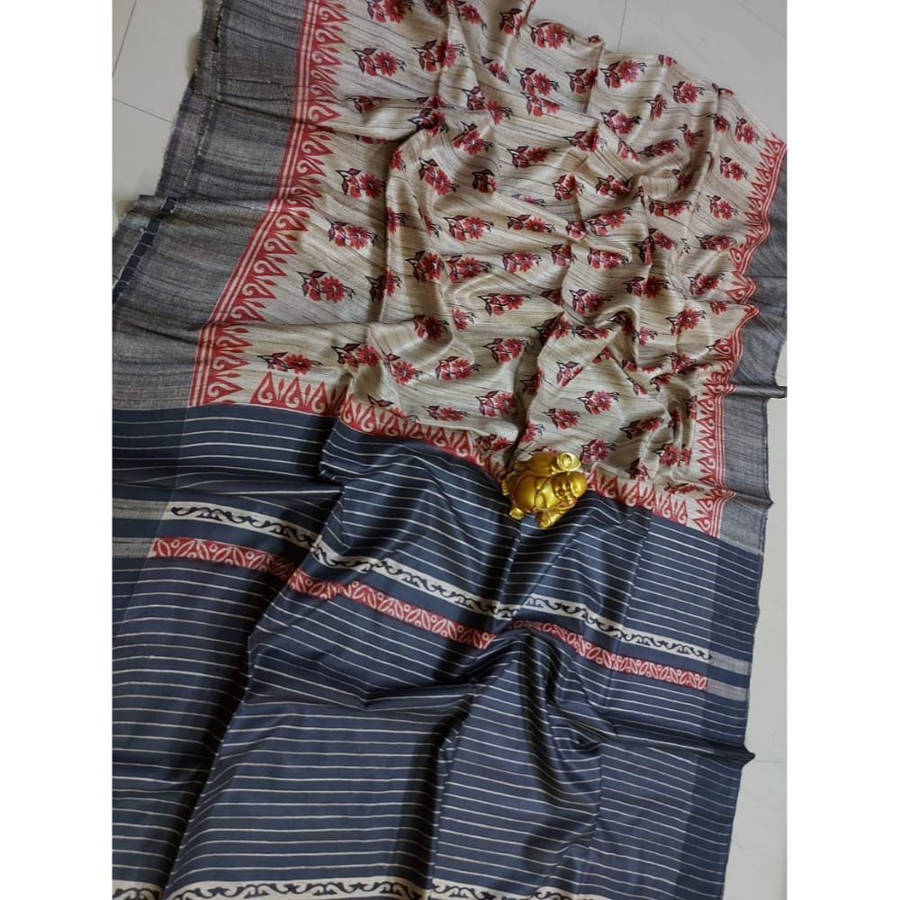 Silkmark Certified Tussar Silk Handloom Handblock Printed Black Saree with Blouse-7952