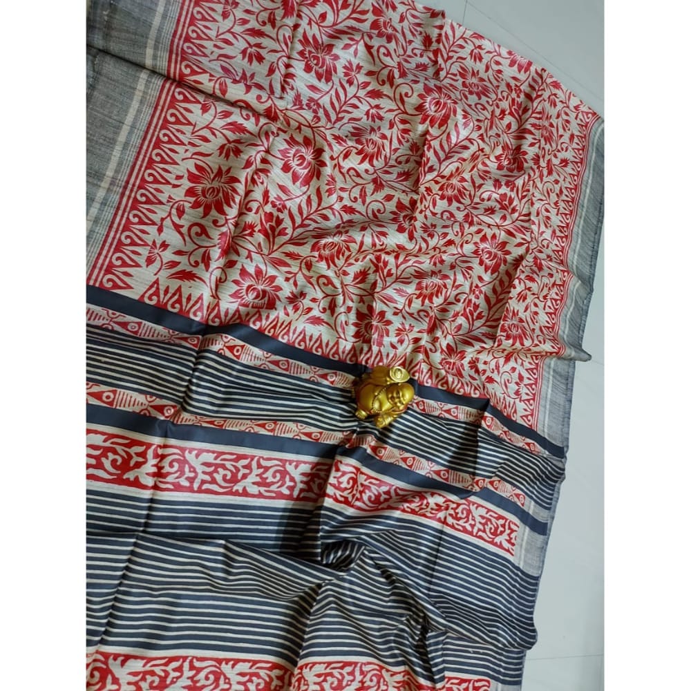 Silkmark Certified Tussar Silk Handloom Handblock Printed Red and Blue Saree with Blouse-2018 - Sarees | Buy online on ZillyBuy