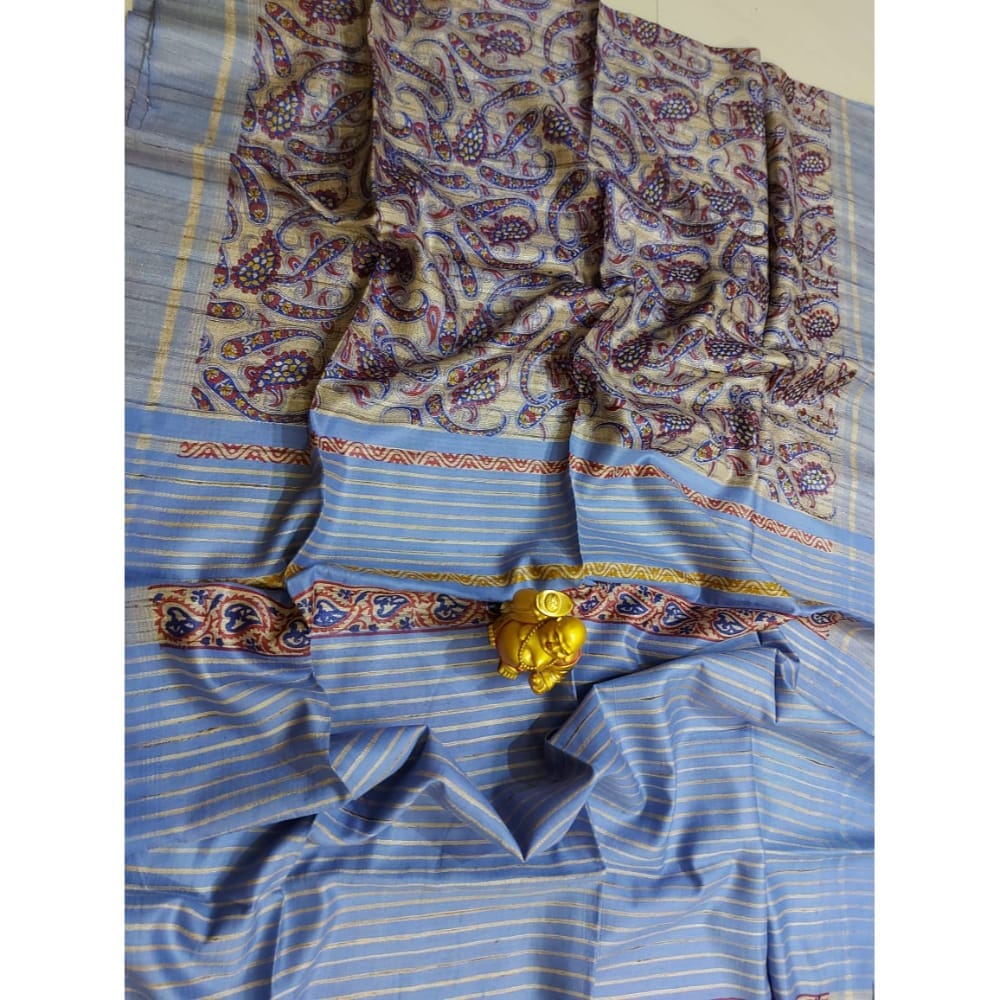 Silkmark Certified Tussar Silk Handloom Handblock Printed Purple and Blue Saree with Blouse-6599