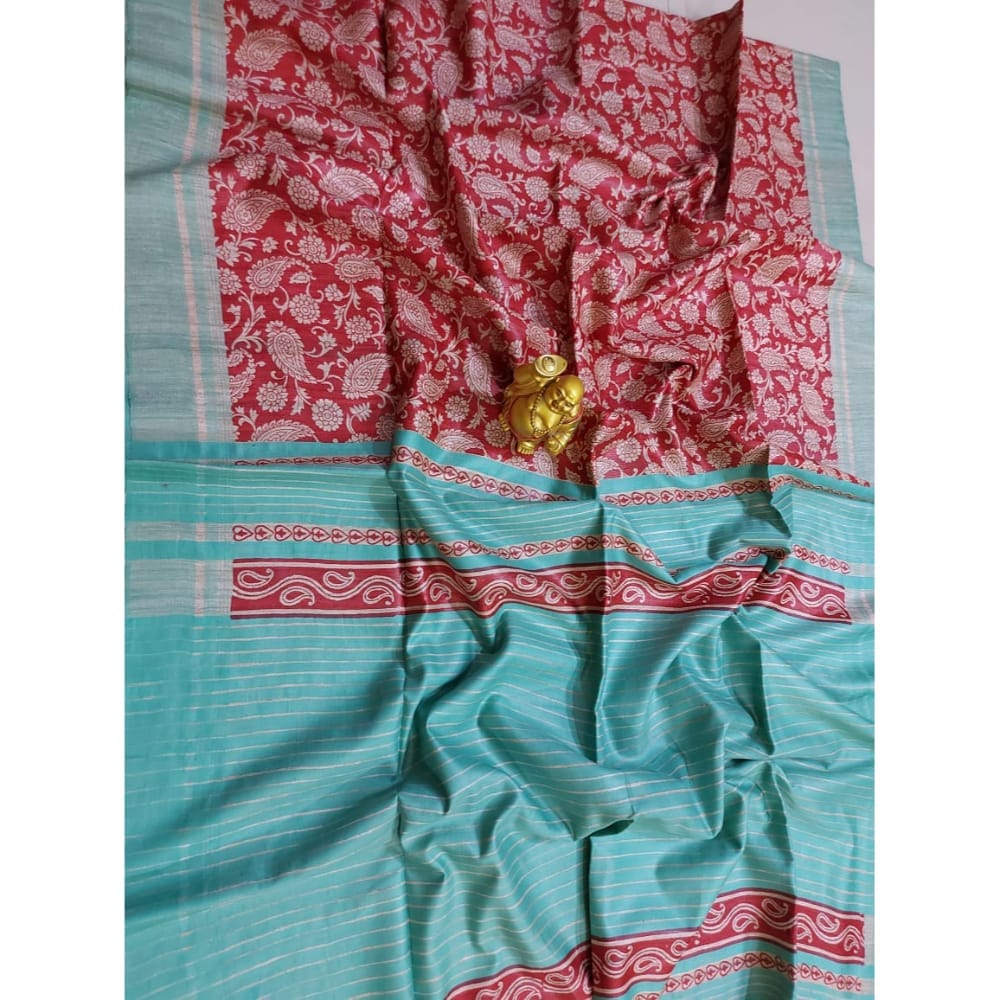 Silkmark Certified Tussar Silk Handloom Handblock Printed Red and Blue Saree with Blouse-1342