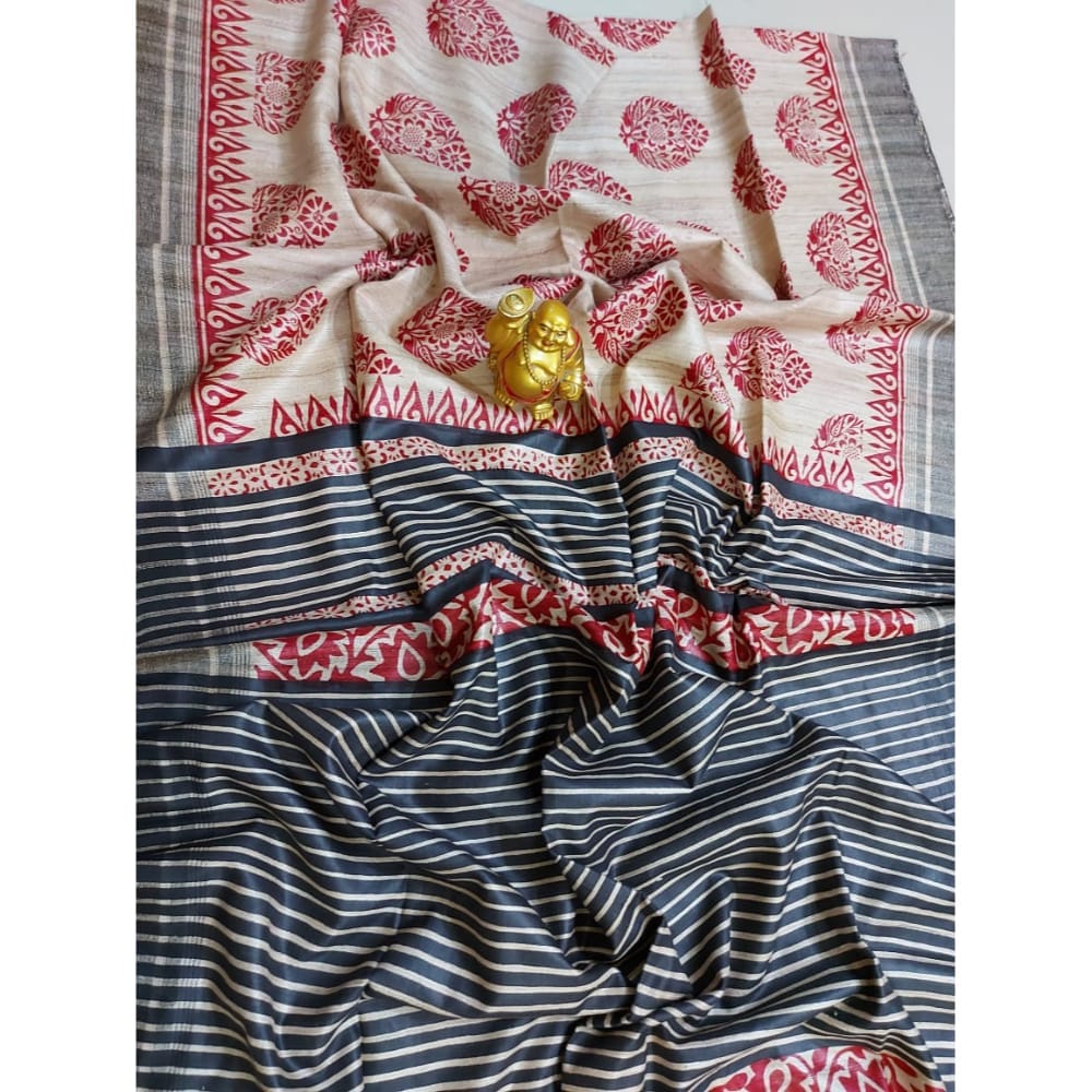 Silkmark Certified Tussar Silk Handloom Handblock Printed Red and Black Saree with Blouse-2584