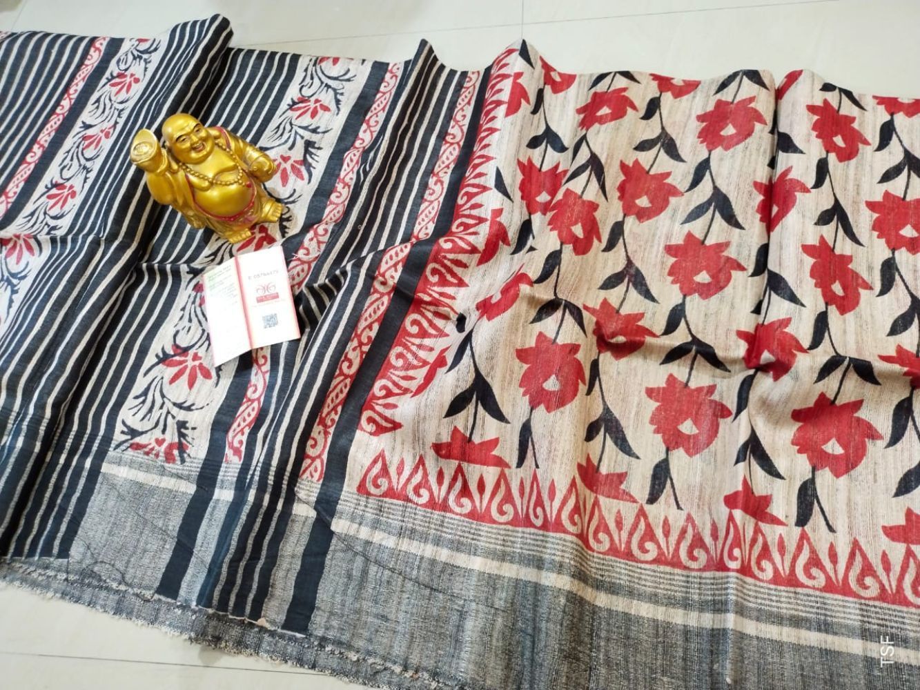 Silkmark Certified Tussar Silk Handloom Handblock Printed Red and Black Saree with Blouse-4735