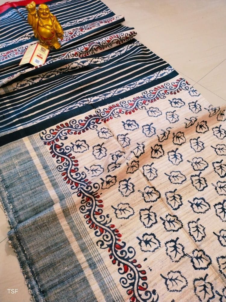Silkmark Certifiied Tussar Silk Handloom Handblock Slate Grey Printed Saree with Blouse-8816 - Sarees | Buy online on ZillyBuy