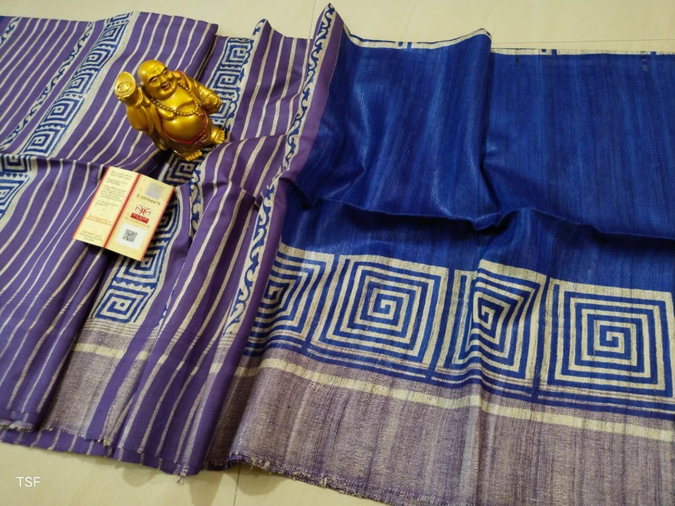 Silkmark Certified Tussar Silk Handloom Handblock Printed Blue and Purple Saree with Blouse-7706