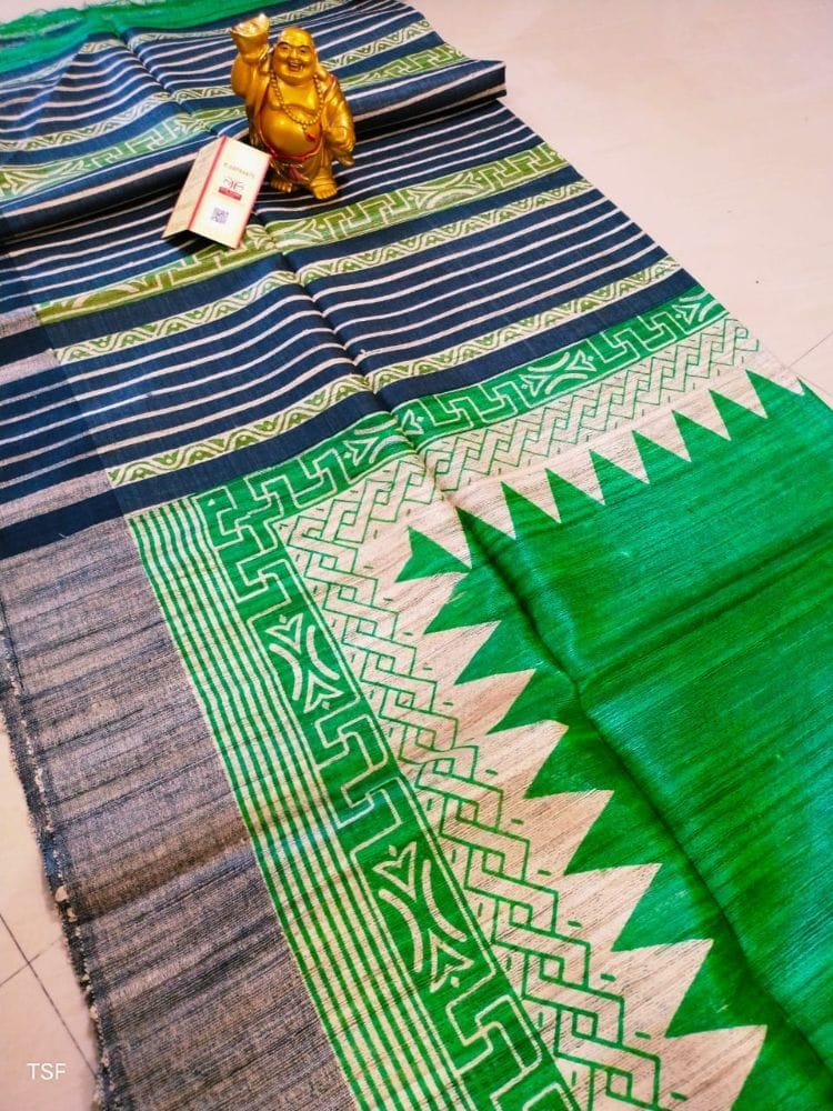 Silkmark Certified Tussar Silk Handloom Handblock Printed Green and Blue Saree with Blouse-3893