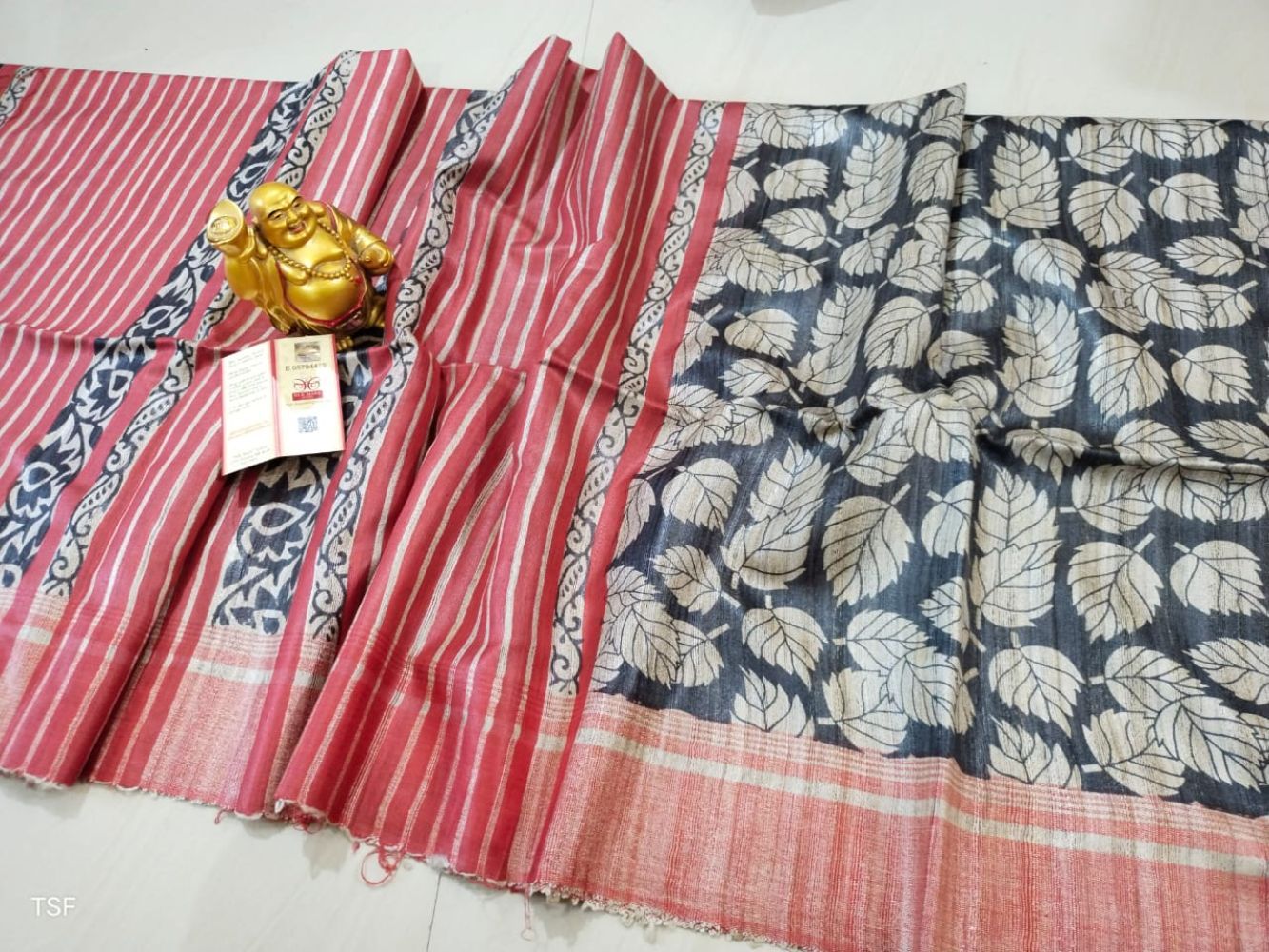 Silkmark Certified Tussar Silk Handloom Handblock Printed Black and Red Saree with Blouse-8233